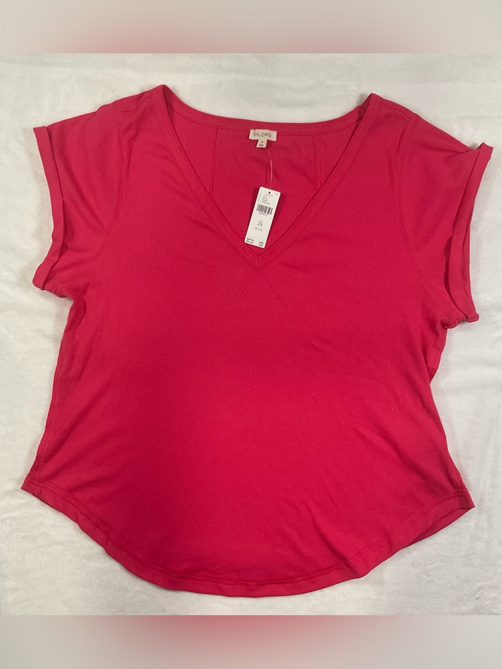 Pilcro Pink Ribbed Knit V-Neck Short Sleeve Stretch T-Shirt Size 2X Plus
